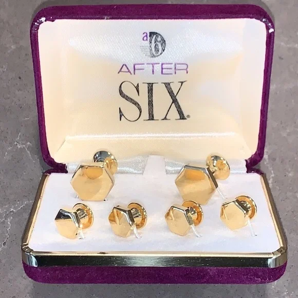 Vtg After Six Gold Tone Hexagon Cuff Link Tuxedo Stud 6 Piece Set - Picture 1 of 5